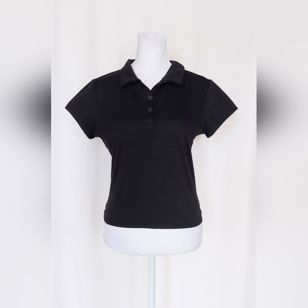 DKNY Sport V-Neck Cropped Short Sleeve Polo Shirt Black Size Medium